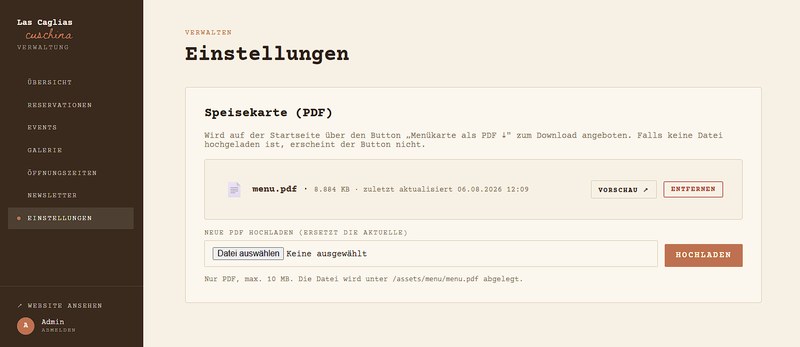 Speisekarten-Verwaltung in der Schaltzentrale: die aktuelle Menükarte als PDF mit Datum der letzten Aktualisierung, darunter das Feld zum Hochladen einer neuen Fassung