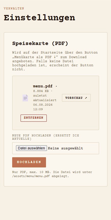 Speisekarten-Verwaltung auf dem Handy: die aktuelle Karte als PDF mit Datum, darunter das Feld zum Hochladen