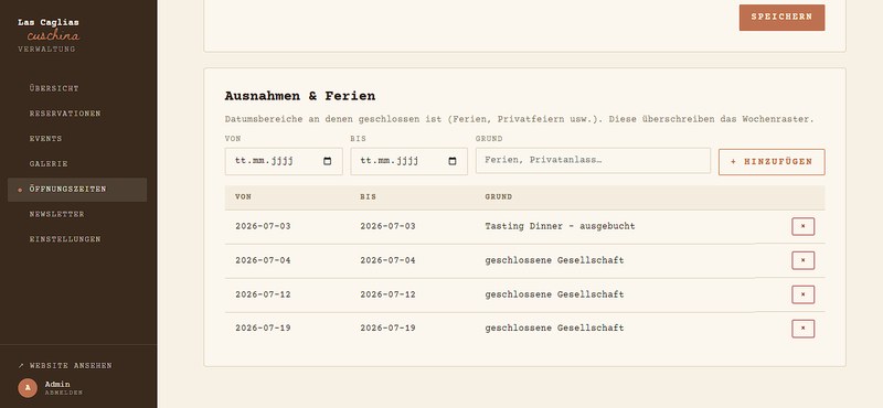 Ausnahmen und Ferien in der Schaltzentrale: vier eingetragene Schließtage mit Von-, Bis-Datum und Grund, darüber die Felder zum Hinzufügen