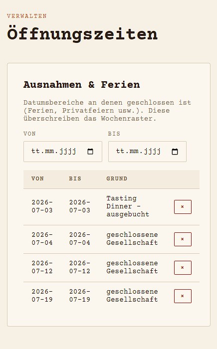 Ausnahmen und Ferien auf dem Handy: vier eingetragene Schliesstage mit Von-, Bis-Datum und Grund